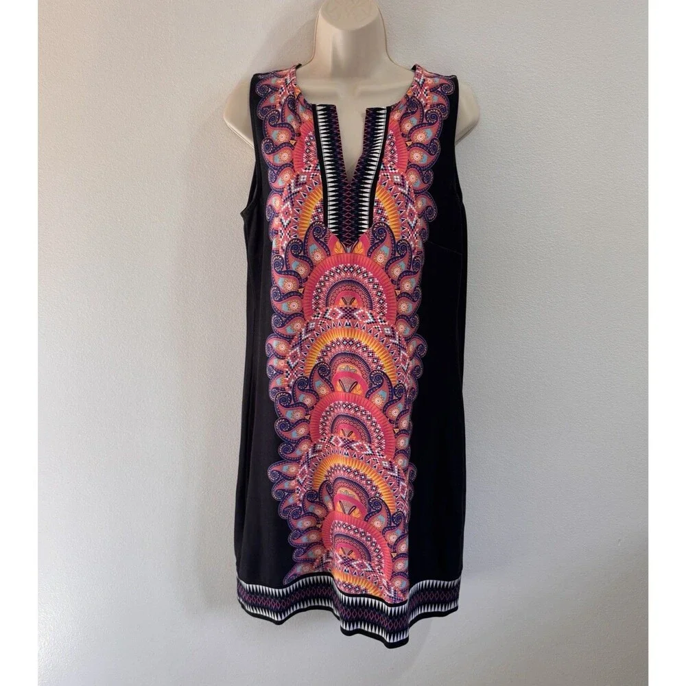 New York & Company Shirt Dress M Shift Paisley Colorful Black Pink 100% Cotton
